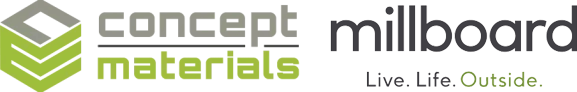 Brand logos for Concept Materials and Millboard outdoor decking materials