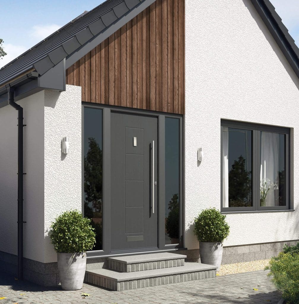 Modern home entrance with grey door, windows and Millboard Cladding Australia on the gable.