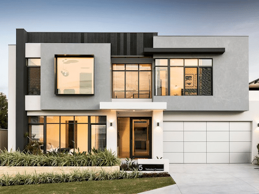 House cladding in modern grey finish on two- story home.
