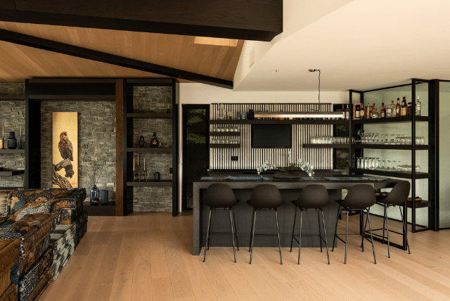 Modern bar area with millboard composite decking in melbourne in Queenstown Hill home. 