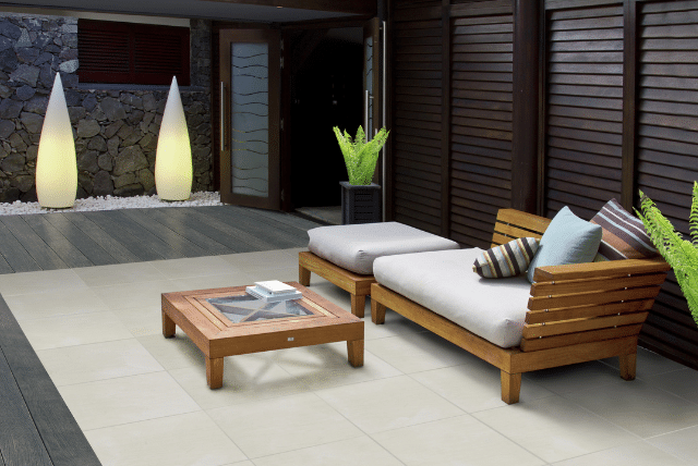 Outdoor patio with sustainable home materials.